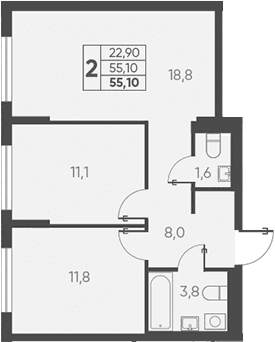 Продается 2-комн. квартира, 55.1 м²