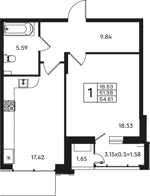 Продается 1-комн. квартира, 51.38 м²