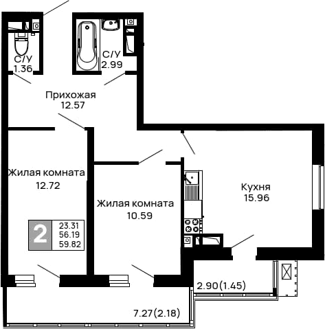 Продается 2-комн. квартира, 56.19 м²