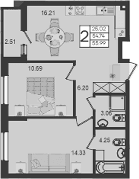 Продается 2-комн. квартира, 54.74 м²