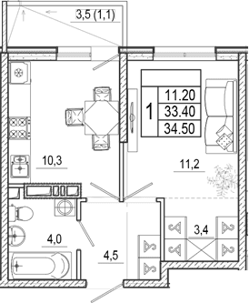 Продается 1-комн. квартира, 33.4 м²