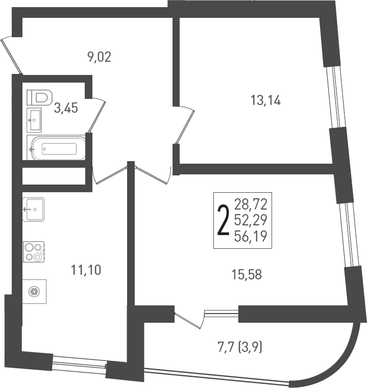 Продается 2-комн. квартира, 53.4 м²