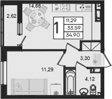 Продается 1-комн. квартира, 33.59 м²