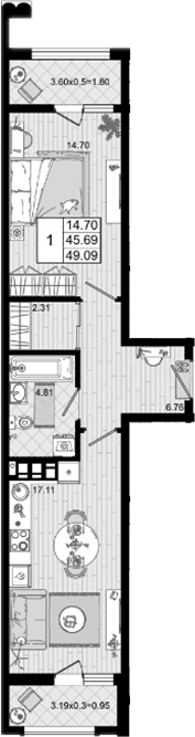 Продается 1-комн. квартира, 45.69 м²