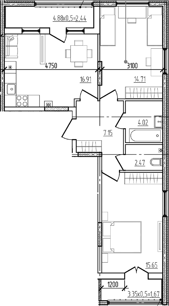 Продается 2-комн. квартира, 60.91 м²