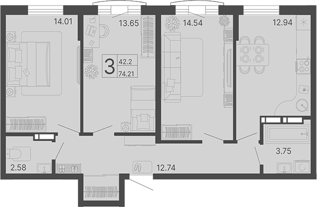 Продается 3-комн. квартира, 74.21 м²