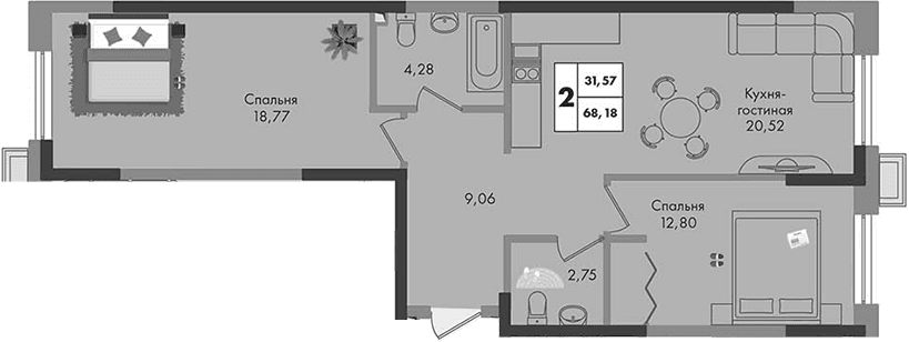 Продается 2-комн. квартира, 68.18 м²