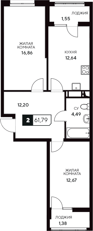 Продается 2-комн. квартира, 58.86 м²