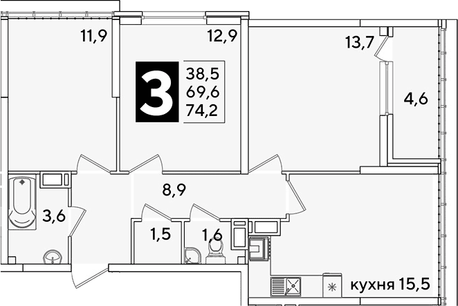 Продается 4-комн. квартира, 69.6 м²