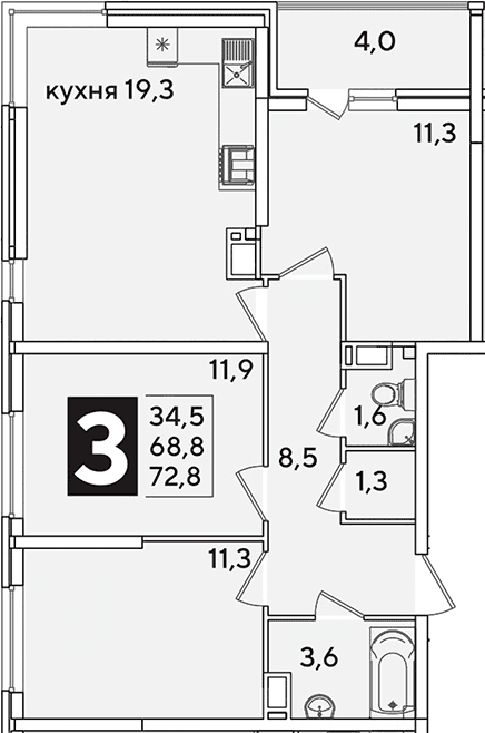 Продается 4-комн. квартира, 68.8 м²
