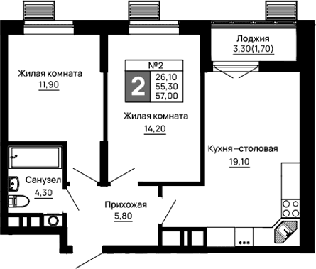 Продается 2-комн. квартира, 55.3 м²