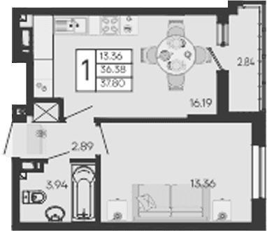 Продается 1-комн. квартира, 36.38 м²