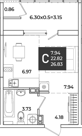 Продается 1-комн. квартира, 22.82 м²
