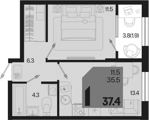 Продается 1-комн. квартира, 35.5 м²