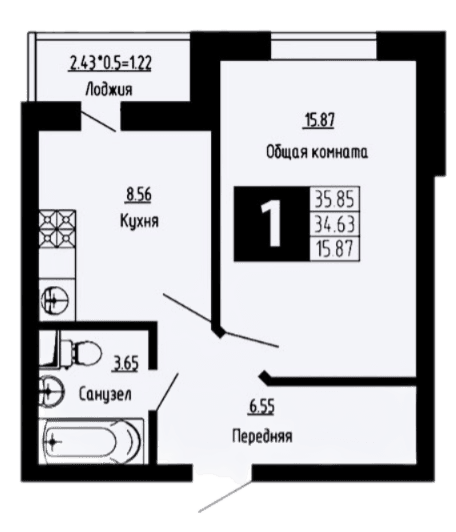 Продается 1-комн. квартира, 34.63 м²
