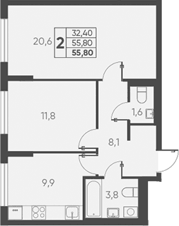 Продается 2-комн. квартира, 55.8 м²