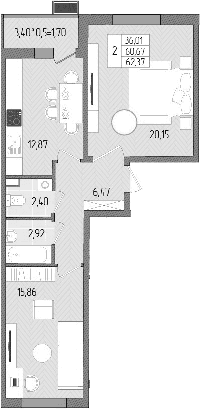 Продается 2-комн. квартира, 60.67 м²