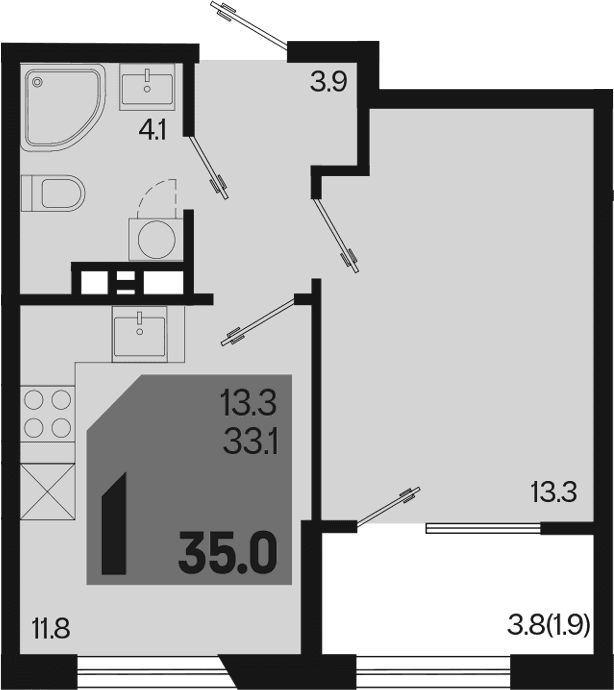 Продается 1-комн. квартира, 33.1 м²