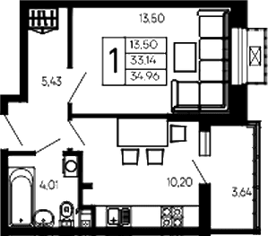 Продается 1-комн. квартира, 33.14 м²