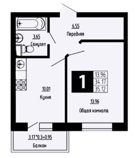 Продается 1-комн. квартира, 34.17 м²