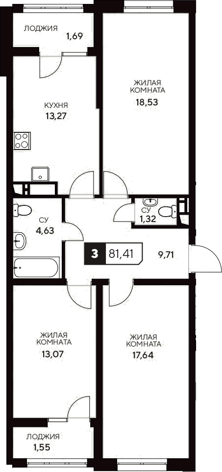 Продается 3-комн. квартира, 78.17 м²