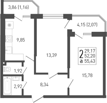 Продается 2-комн. квартира, 53.49 м²