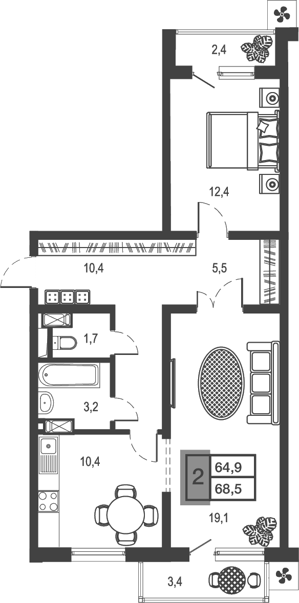 Продается 2-комн. квартира, 62.68 м²