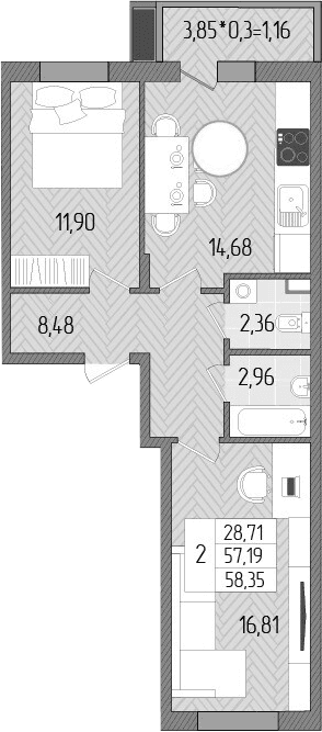 Продается 2-комн. квартира, 57.19 м²
