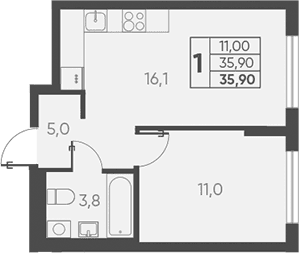Продается 1-комн. квартира, 35.9 м²