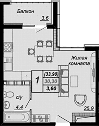 Продается 1-комн. квартира, 30.3 м²