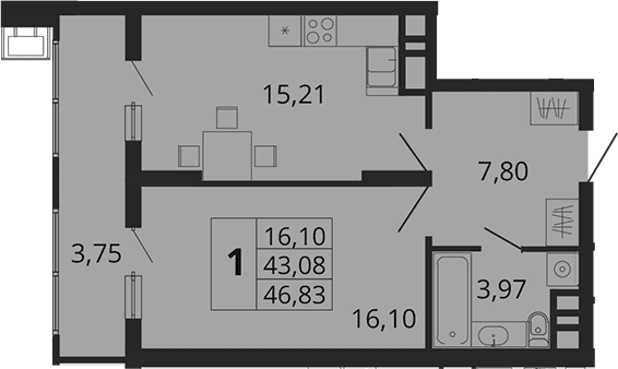 Продается 1-комн. квартира, 44.17 м²