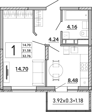 Продается 1-комн. квартира, 31.58 м²