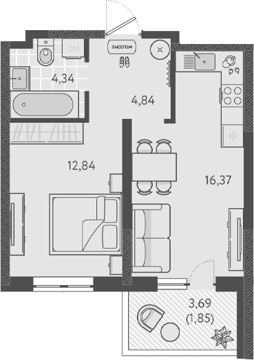 Продается 1-комн. квартира, 38.39 м²