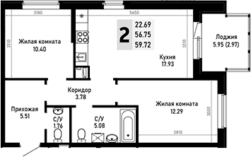 Продается 2-комн. квартира, 56.75 м²