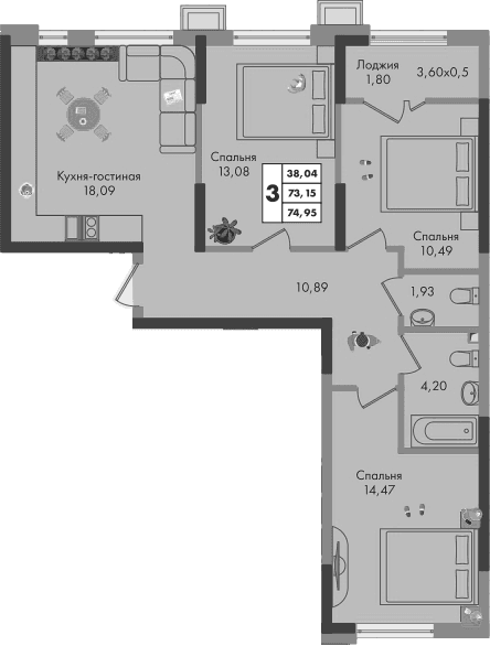 Продается 3-комн. квартира, 73.15 м²