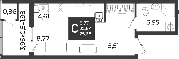 Продается 1-комн. квартира, 22.84 м²