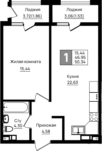 Продается 1-комн. квартира, 46.95 м²