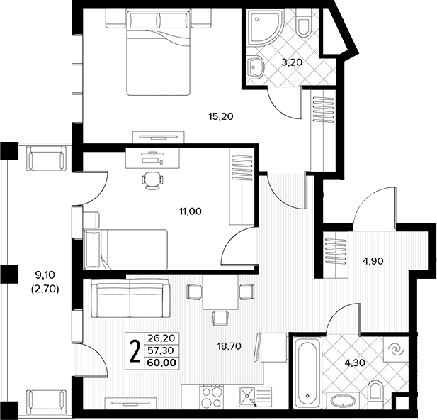 Продается 2-комн. квартира, 57.3 м²