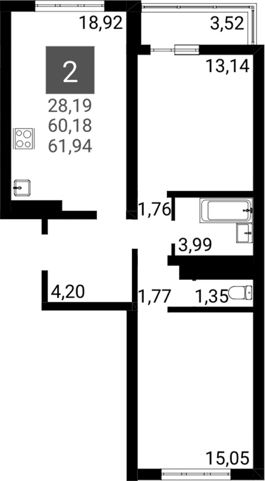 Продается 2-комн. квартира, 58.42 м²