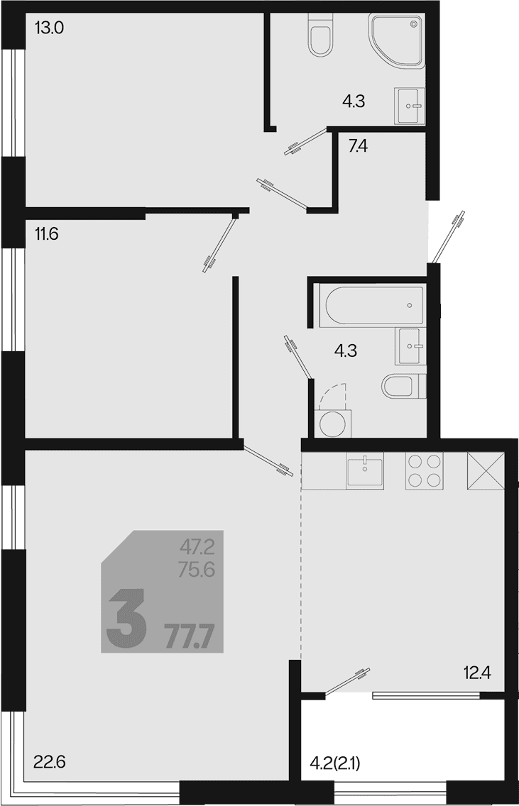 Продается 3-комн. квартира, 75.6 м²