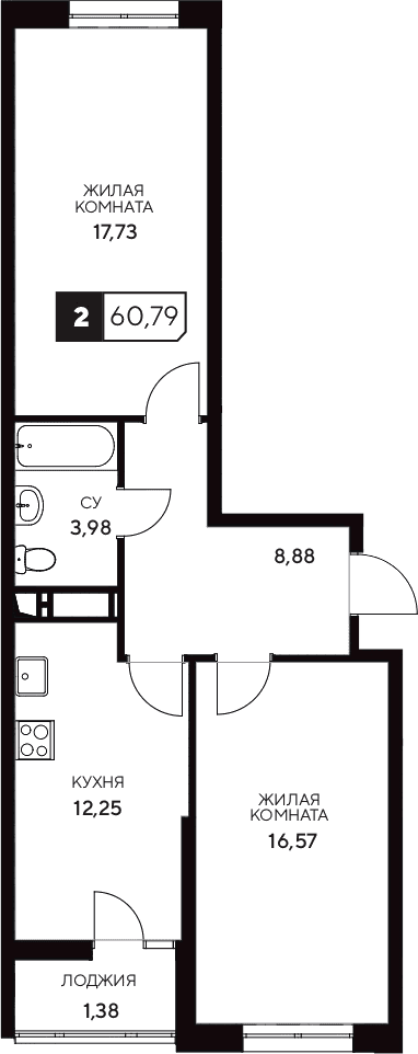 Продается 2-комн. квартира, 59.41 м²