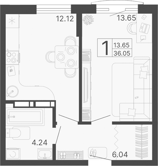 Продается 1-комн. квартира, 36.05 м²