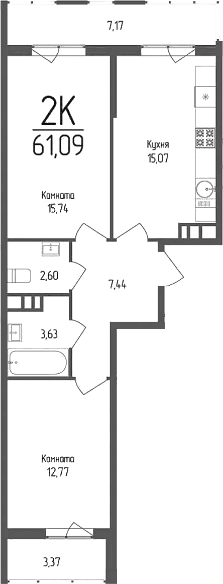 Продается 2-комн. квартира, 57.25 м²