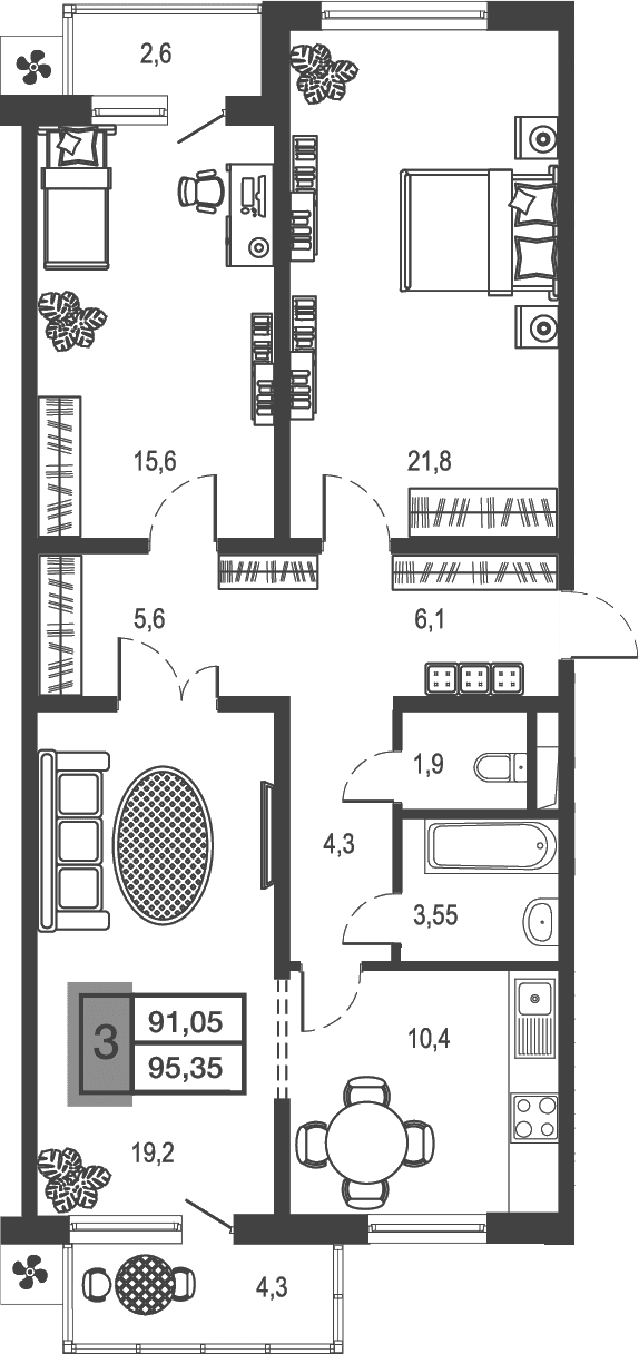 Продается 3-комн. квартира, 88.46 м²