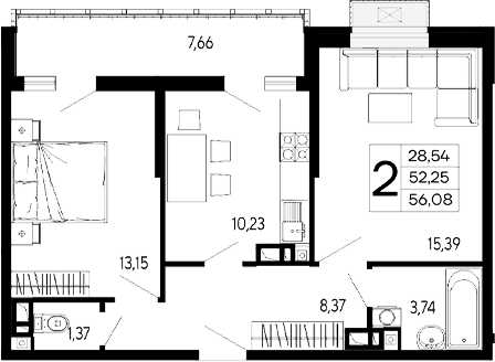 Продается 2-комн. квартира, 52.25 м²