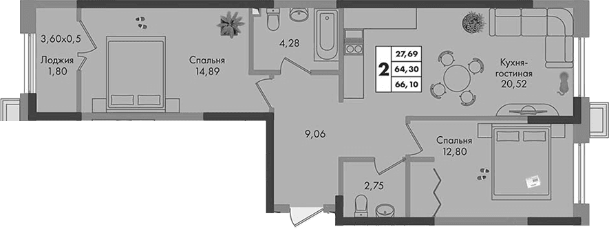 Продается 2-комн. квартира, 64.3 м²