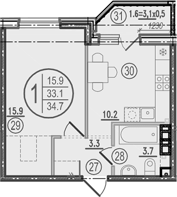 Продается 1-комн. квартира, 33.1 м²