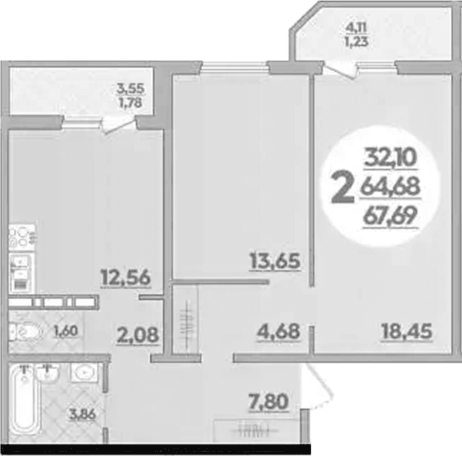 Продается 2-комн. квартира, 64.68 м²
