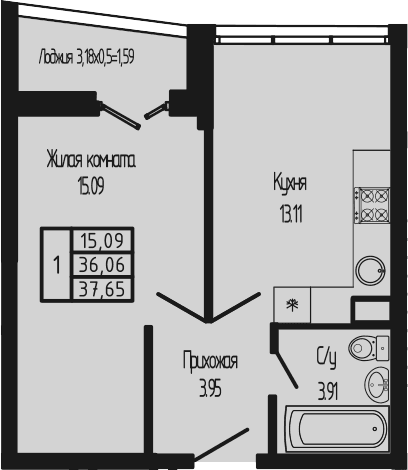 Продается 1-комн. квартира, 37.11 м²