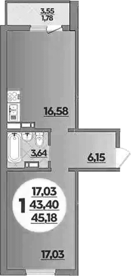 Продается 1-комн. квартира, 43.4 м²